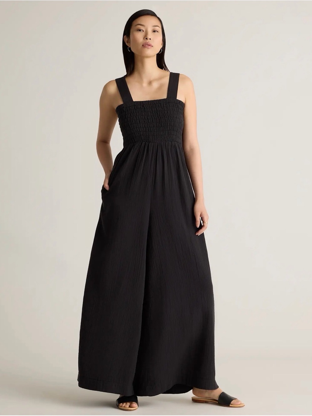 Quince Black 100% Organic Cotton Gauze Smocked Wide Leg Jumpsuit- Size XL